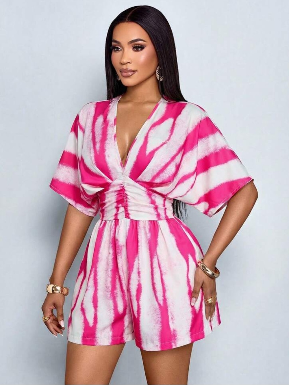 Pink and White Tie-Dye V-Neck Romper- Small